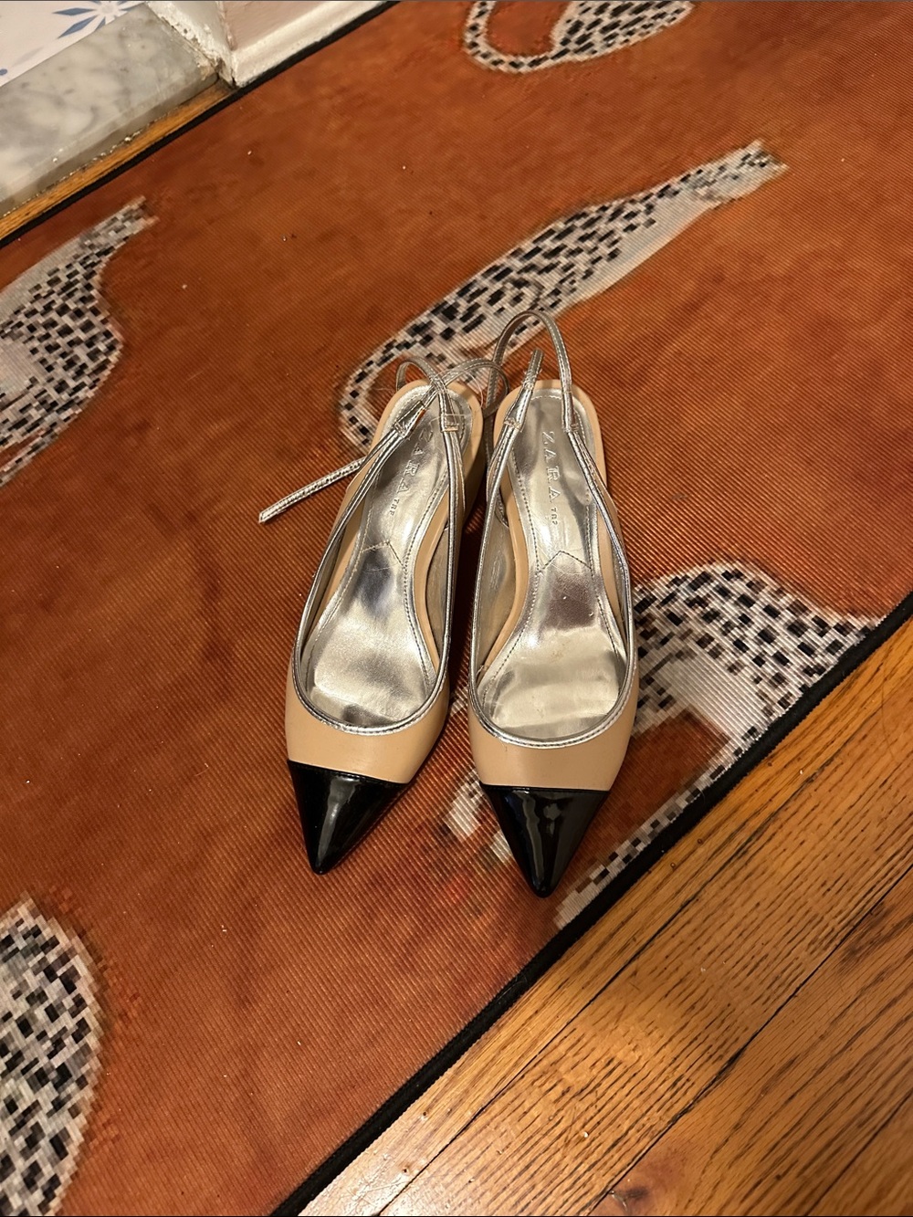 Zara Beige and Black Pointed Slingback Heels